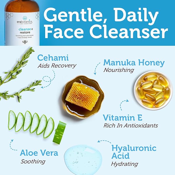 Era Organics Manuka Honey Face Wash for Women, Men - Sulfate Free Moisturizing Cleanser, Organic Aloe Vera - Soothing Plus Gentle on Dry Skin Facial Cleanser Made in USA - 8oz