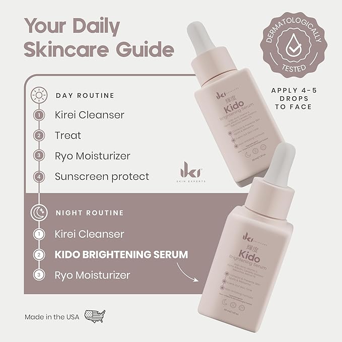 KIDO Brightening Serum - Reduces Dark Spots, Evens Skin Tone, Hydrates Deeply, Non-Irritating Formula, Kojic Acid, Alpha Arbutin, Retinol Serum for Face, Centella Asiatica, & Vitamin E