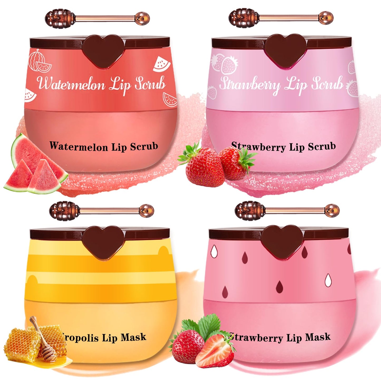 LZXLUKGIR 4PCS Lip Scrub and Mask Set,Strawberry and Honey Pot Lip Balm,Reduces Lip Lines Lip Exfoliator Scrub and Moisturizer,Repair Beebalm Lip Balm and Lip Scrub Set,Lip Mask Overnight