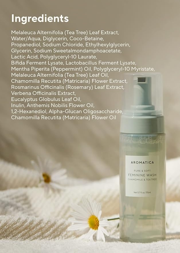 AROMATICA Pure & Soft Feminine Wash Chamomile & Tea Tree (Soft Foam Type) 5.7 fl. oz / 170 ml - Gentle and Soothing Intimate Herbal Feminine Wash - pH-Balanced, Calming, Vegan, Cruelty Free