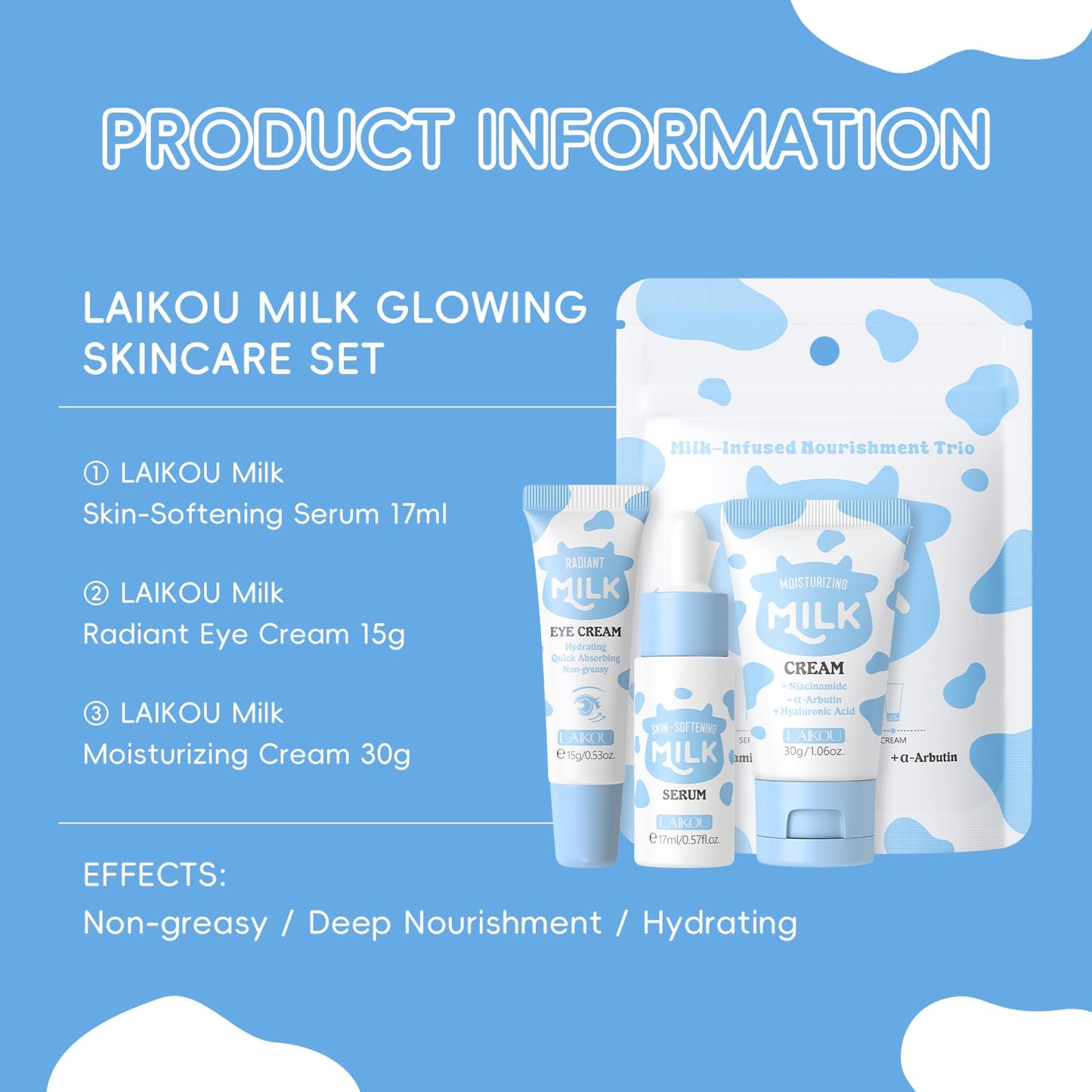 LAIKOU Skin Care Set, Moisturizer Face Cream, Travel Size Toiletries with Milk Eye Mask, Lip Mask, Eye Cream, Serum, Face Cream Mother's Day Christmas Birthday Daughter Wife