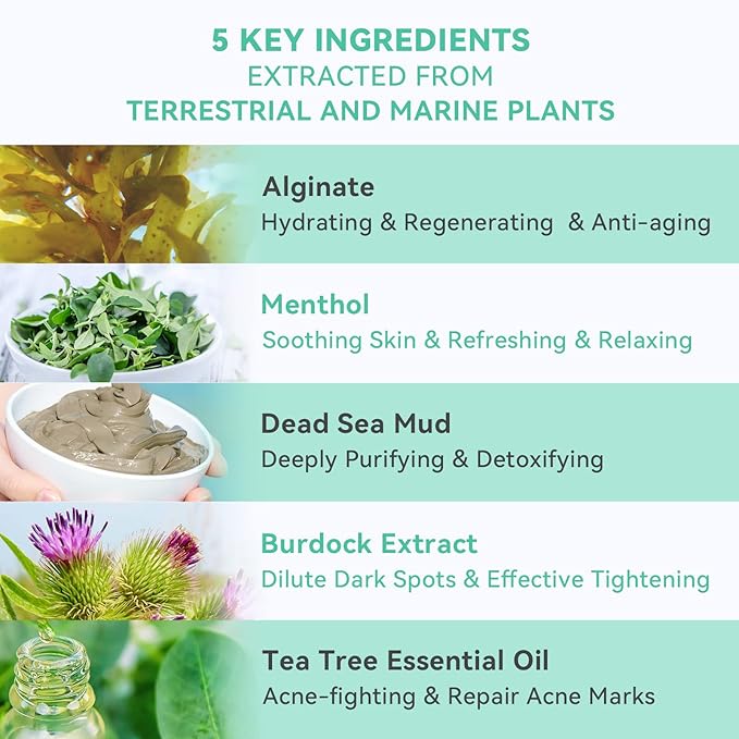 Tea Tree Peel-Off Jelly Face Mask Powder, Professional Spa-Quality Alginate Facial Mask for Deep Cleansing, Blackhead & Acne Removal, 8 Sachet, Made in France