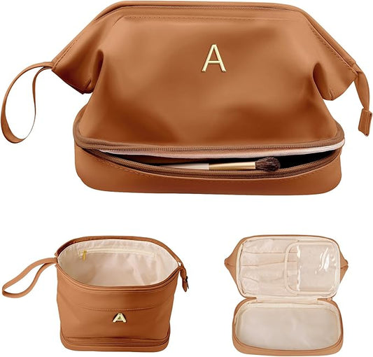 Women Gifts, Personalized Makeup Bag, Monogrammed Gifts, Initial Double Layer Cosmetic Bag with Makeup Brush Organizer, Travel Toiletry Bag, Gifts for Friends Female Mom, Teen Girl Gifts