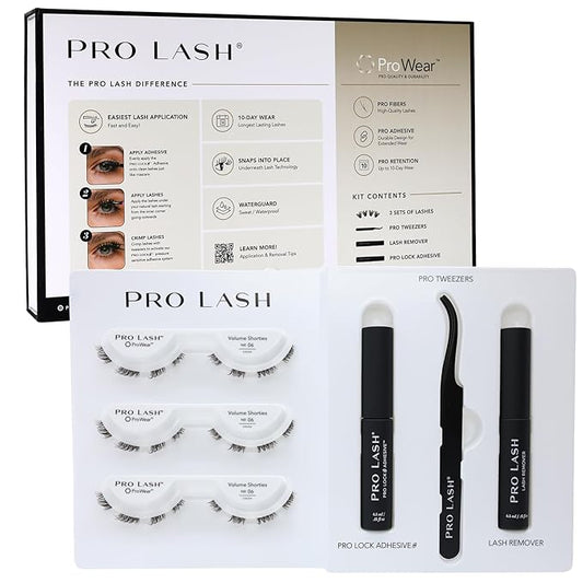 Pro Lash ProWear Starter Lash Clusters Kit - Easiest to Apply Lashes - 10-Day Cluster Eyelash Extensions - 3 Sets of False Eyelashes Plus Adhesive, Remover, Tweezers - Volume Shorties No. 6 - Cocoa