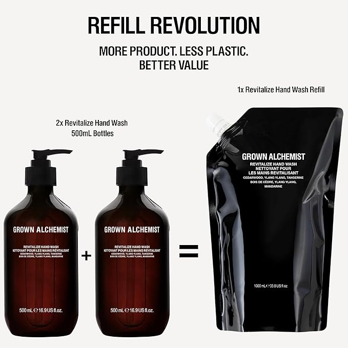 Grown Alchemist Revitalize Hand Wash Bundle:Cedarwood, Ylang Ylan, Tangerine. Gentle Hand Soap Hydrates & Cleanses. (Pump 500mL + Refill 1L).