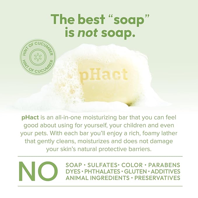 ANDREW LESSMAN pHact Moisture-Rich, Soap-Free Cleansing Bar Cucumber. Natural Skin pH. All Skin Types - Even Sensitive Skin. Hypoallergenic. Dermatologist Tested. 6 - Pack 4.25 oz each