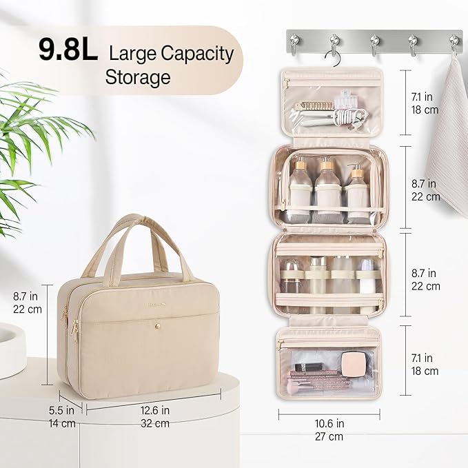 Hanke Hanging Travel Toiletry Bag for Women with Jewelry Organizer Compartment, Travel Essentials Toiletries and Makeup Bag, Water-Resistant & Stain-Resistant with Trolley Strap (Apricot)
