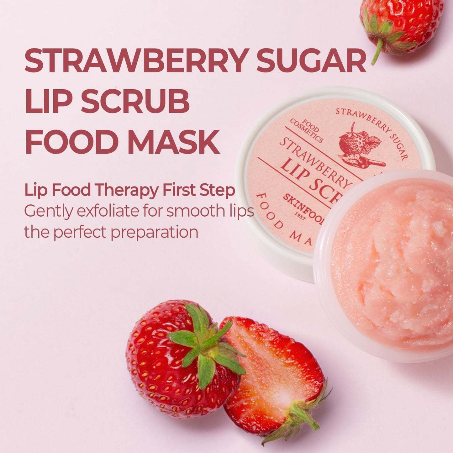 SKINFOOD Strawberry Sugar Lip Scrub Mask, Exfoliating Lip Care, Hydrating Korean Lip Product for Soft & Smooth Lips, Deep Nourishment Mild Sugar Scrub Vegan (0.71 fl. Oz.)