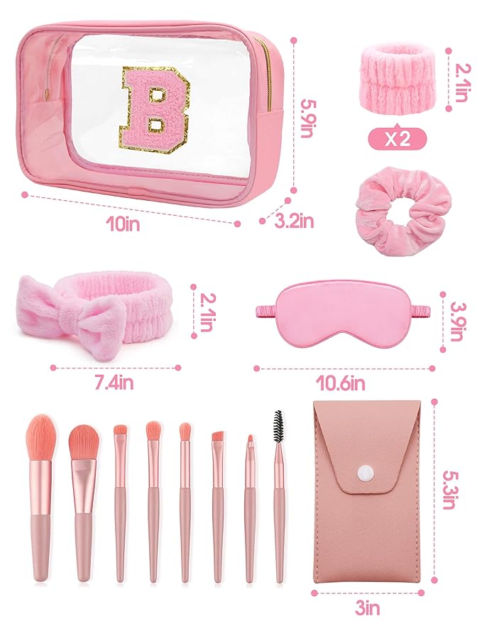 Gift Sets for Women, Initial Makeup Bag with Makeup Brush Set Bachelorette Party Favors, Pink Spa Kit with Skincare Headbands Wrist Bands Sleepover Party Supplies Gifts for Teen Girls Bridesmaid B