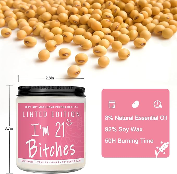 21th Birthday Gifts for Women, Perfect Birthday Present, Funny Presents for Mom, Friends, Wife, Sister, 7oz Vanilla Cream-Scented Candle