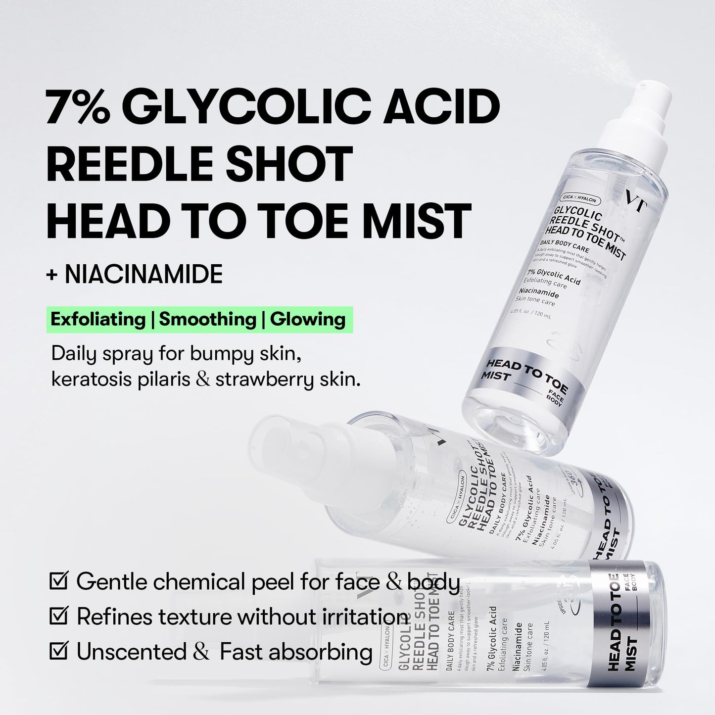 VT COSMETICS 7% Glycolic Acid Reedle Shot Head-to-Toe Mist with Niacinamide, Exfoliating Spray for Bumpy & Strawberry Skin, Dark Spots, Skin Texture, Keratosis Pilaris, Korean Skincare (4.05 fl oz)