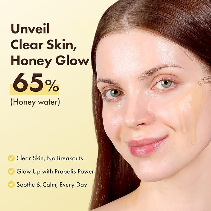 Honey Glow 65% Propolis Serum, Hyaluronic Acid, Kojic Acid, Niacinamide, Hydrating Facial Soothing Moisturizer for Irritated Uneven Skin Tone, Glass Skin, Korean Skin Care, 33ml, 1.11 fl.oz.