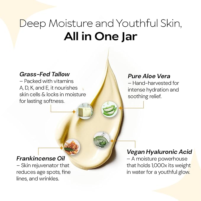 Beef Tallow for Skin, Grass-Fed Tallow Face Cream with Hyaluronic Acid, Aloe Vera & Frankincense, Non-Greasy Anti-Aging Moisturizer, Citrus Scent, 2 oz