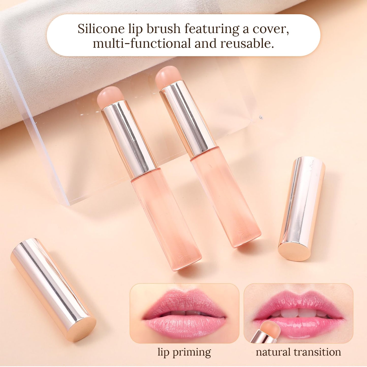 2 Pcs Lip Balm Applicator Silicone Lip Mask Brush with Cap, Round Head Lips Brushes Reusable Silicone Makeup Brush Convenient and Easy to Clean for Even Application of Lipstick Lips Gloss