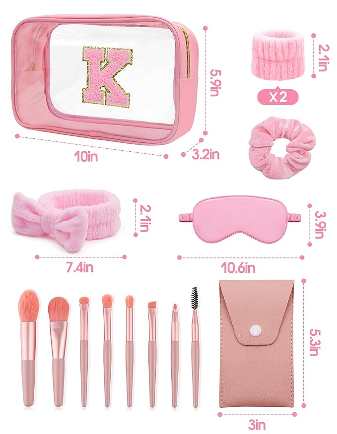 Gift Sets for Women, Initial Makeup Bag with Makeup Brush Set Bachelorette Party Favors, Pink Spa Kit with Skincare Headbands Wrist Bands Sleepover Party Supplies Gifts for Teen Girls Bridesmaid K