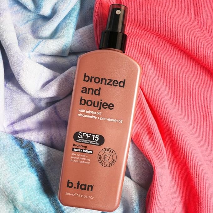 b.tan SPF 15 Sun Tanning Lotion Spray | Bronzed and Boujee - Outdoor Bronzing Spray Lotion, Packed with Jojoba Oil, Niacinamide, & Pro Vitamin B5, Vegan Friendly, Austrailian Brand, 8.45 Fl Oz
