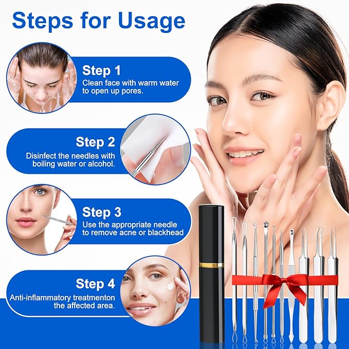 Pimple Popper Tool Kit,10 Pcs Professional Blackhead Remover Comedones Extractor for Easy Removal for Pimples,Blackheads,Zit Removing, Facial and Nose, Acne Removal Kit with Metal Box (Silver)