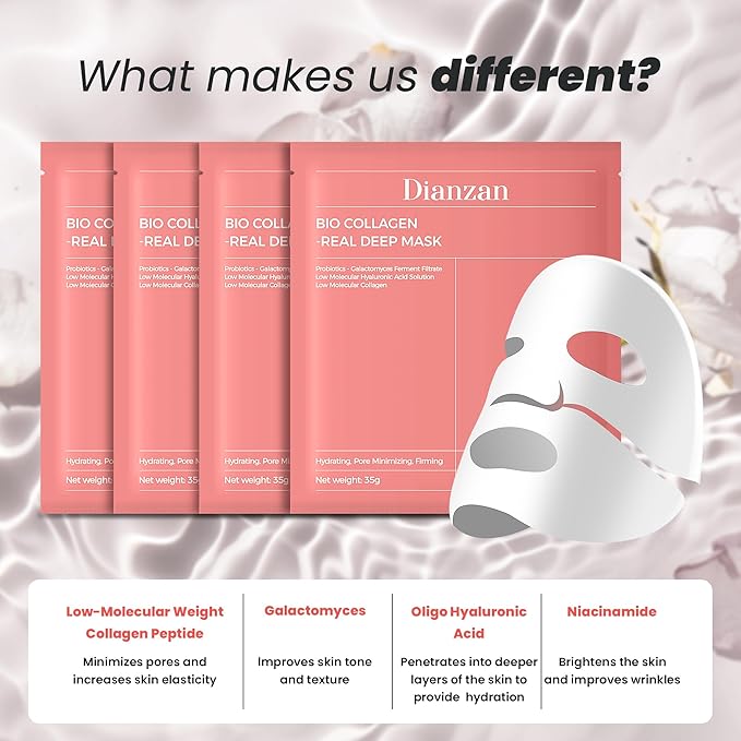 Dianzan Korean Overnight Bio-Collagen Mask, Deep Moisturizing, Firming, Glowing Glass Skin Mask, Brings Glass-Like Glow, Shrinks Pores, Diminishes Fine Lines, Gentle on Sensitive Skin, 35g x 4ea