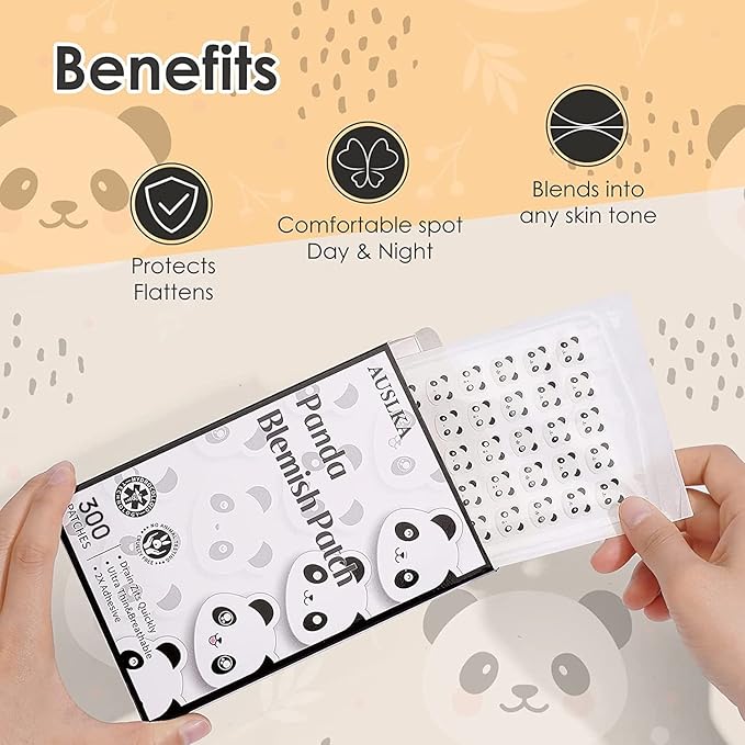 AUSLKA Panda Pimple Patches - 300 Patches, Hydrocolloid Spot Dots - Blemishes Patch - Facial Skin Care, For Zits, Blemishes, & Breakouts