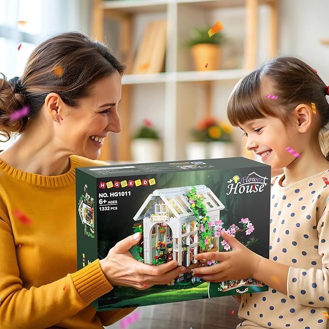 HOGOKIDS Flower House Building Set with LED Light - 1332 PCS Garden House Buiding Toy with Flowers Potted Plants Parrot Cat Animals Playset Greenhouse Model Xmas Gift for Adults Teens Girls Ages 8+