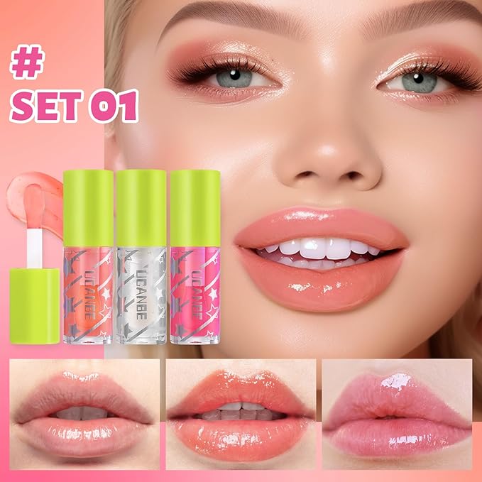 UCANBE 3 Color Hydrating Lip Glow Oil - Natural Plumping Lip Oil (Clear/Cinnamon/Cherry), Luxurious Non-Sticky Mositurizing Lip Top Gloss for All-Day Wear and Comfort…