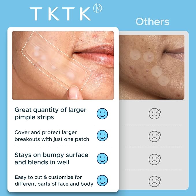 TKTK Large Pimple Patches for Face, XL Acne Patches 60 x 20 mm, Big Hydrocolloid Bandages for Body, Forehead, Chin, Neck Zit Breakouts, Hydrocolloid Patch (Strip, Contoured, Dot 5 Sizes 96 Count)