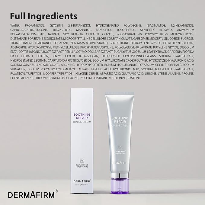 Dermafirm Soothing Repair Toning Cream - Korean Skin Care Moisturizer Face Cream w/Niacinamide, Bakuchiol, Glutathione & 8x Hyaluronic Acid - Vegan Glowing Skin Firming Cream (1.69 fl oz)