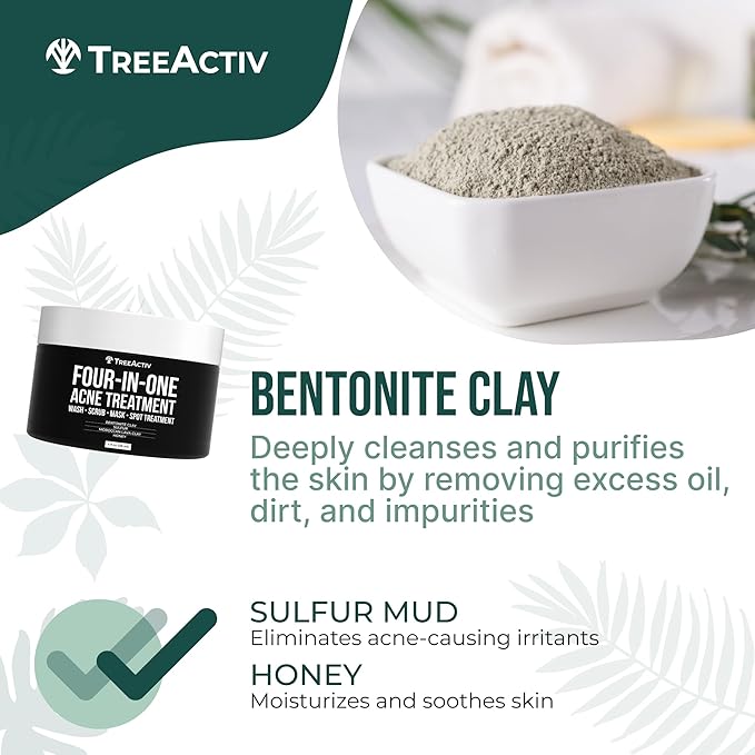 TreeActiv Four-in-One Acne Treatment | Wash, Scrub, Mask, and Spot Treatment | Heals Rosacea | Exfoliating Sugar | Face or Body | Natural Sulfur Clear Skin Cleanser | Bentonite (4 Ounce)