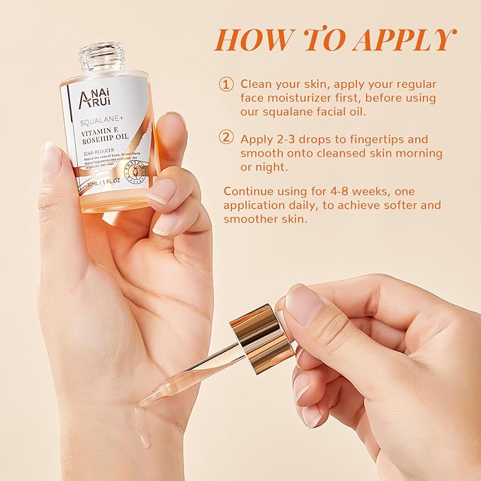 ANAI RUI Squalane + Vitamin E Rosehip Oil Moisturizer for Face Hydrate, Reduce Scars and Stretch Marks, Wrinkles for Smoother, Softer Skin 1 fl. Oz