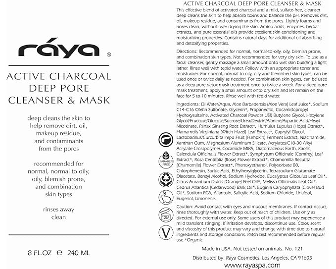 Raya Active Charcoal Deep Pore Facial Cleanser and Mask (121) | Deep Pore Cleansing Fluid for Combination, Oily, and Blemished Skin | Can Be Used as a Deep Pore Detox Mask for Combination Skin