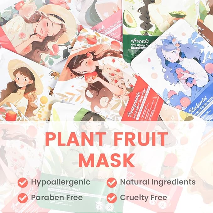 Girl Character Sheet Masks, Spa Party Facial Mask Skincare Set, Sheet Masks Skin Care, Moisturize Brighten Soothe for All Skin Types, Christmas Birthday Gifts for Women Men Girls, (8Pcs)