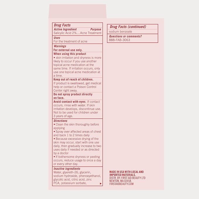 First Aid Beauty Body Acne Spray - Maximum Strength Body Acne Treatment With 360-Degree Sprayer - 2% Salicylic Acid Formula, (3.0 oz)