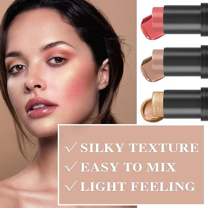 3P Cream Blush Stick with Brush,Waterproof Multi Cream Makeup Q345