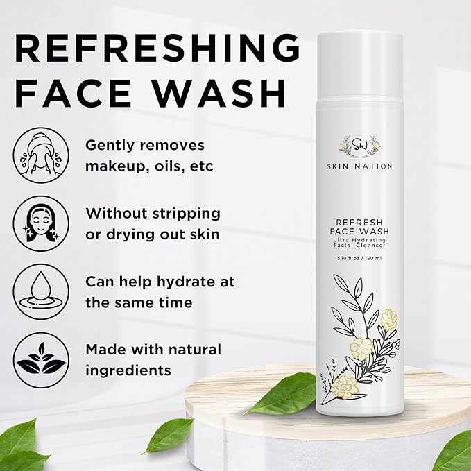Skin Nation Hydrating Gentle Face Wash with Organic Aloe and Chamomile for Dry, Oily and Sensitive Skin, Paraben Free and Sulfate Free, 4 oz, Made in USA