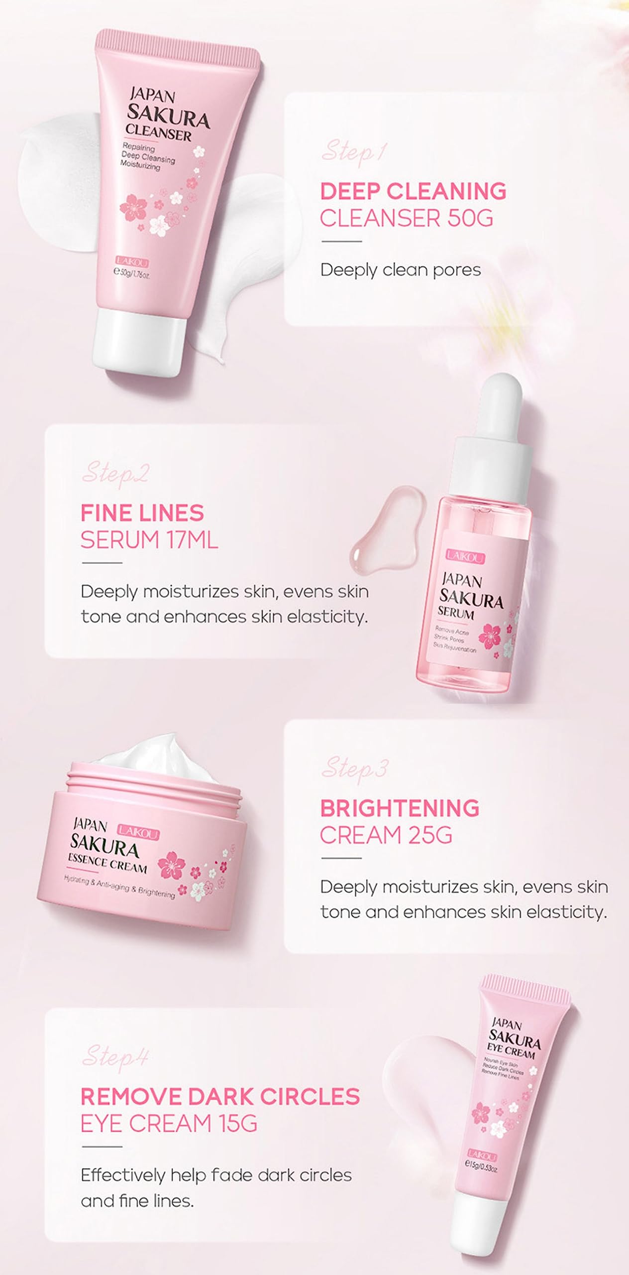 Gentle Skin Daily Skincare Set for Teen Girls & Women, JAPAN SAKURA Face Care Kit Includes Cleanser Hydrating Serum Essence Eye Cream, Sensitive Skin & Travel Essentials (4PCS)