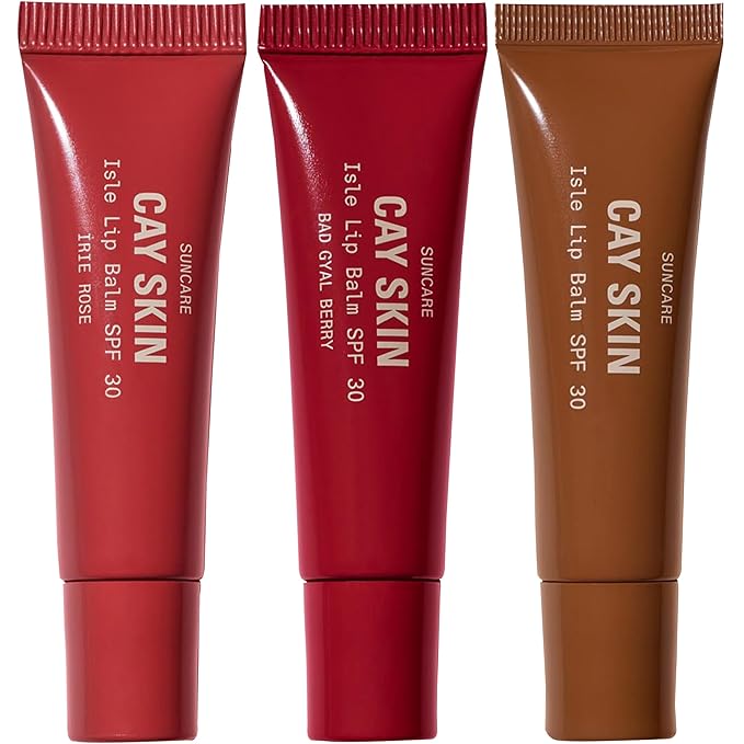 Cay Skin Isle Lip Balm SPF 30 – High Shine, Hydrating + Sheer Lip Gloss in Vanilla Brown Sugar Flavor – Formulated with Natural Ingredients for All Skin Tones – 3-Pack, Rose, Berry, Clear