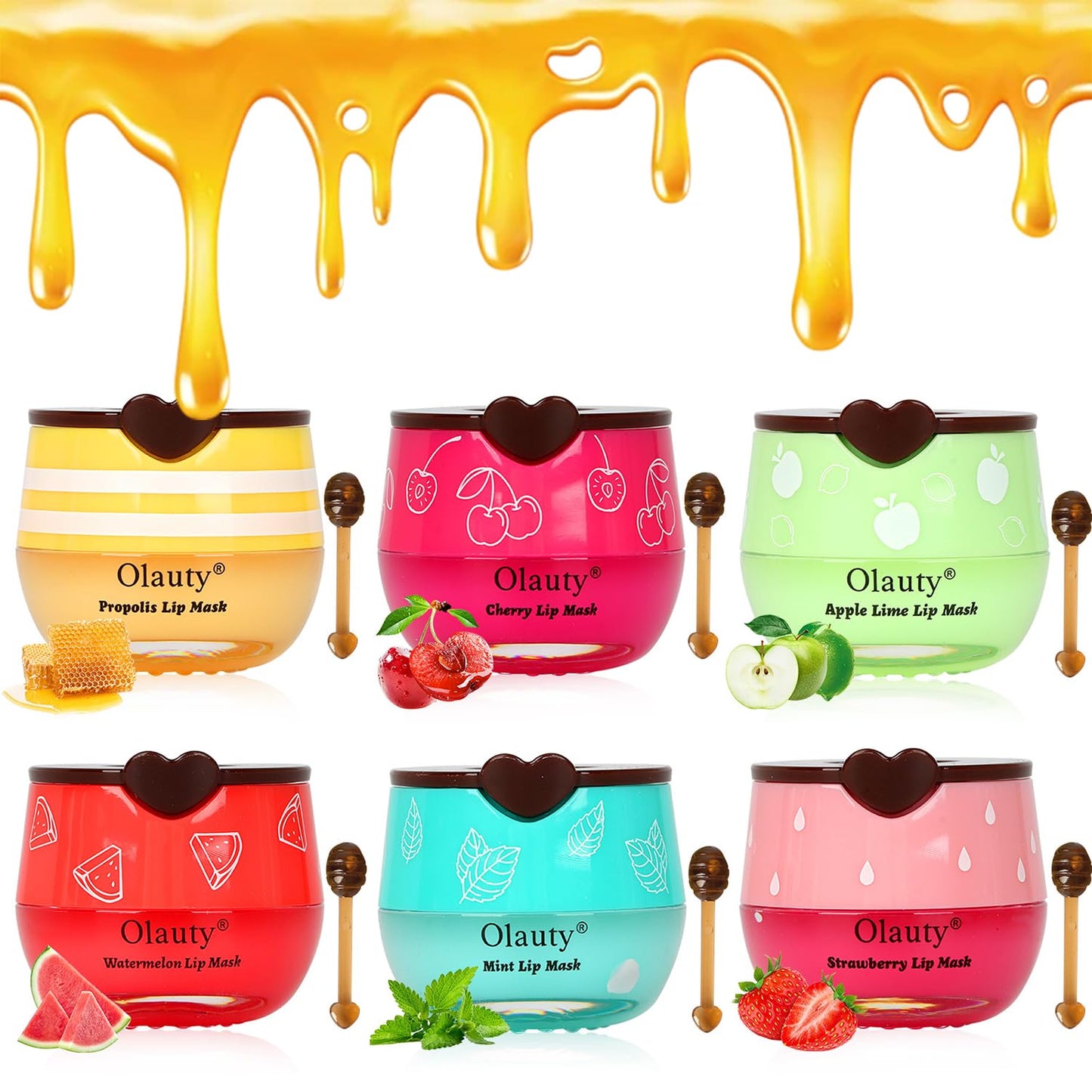 6 PCS Bee Lip Balm Honey Pot, Honey & Strawberry & Watermelon & Apple Lime & Cherry & Mint Lip Sleeping Mask Overnight, Bee Lip Balm Honey Pot Hydrating Prevention Dry and Cracked Lip Scrubs (Set B)
