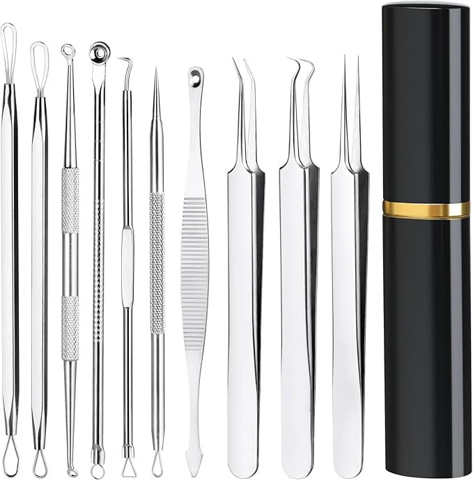 Pimple Popper Tool Kit,10 Pcs Professional Blackhead Remover Comedones Extractor for Easy Removal for Pimples,Blackheads,Zit Removing, Facial and Nose, Acne Removal Kit with Metal Box (Silver)