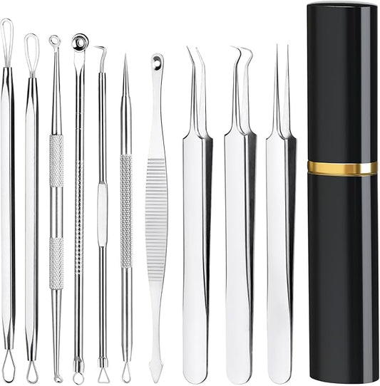 Pimple Popper Tool Kit,10 Pcs Professional Blackhead Remover Comedones Extractor for Easy Removal for Pimples,Blackheads,Zit Removing, Facial and Nose, Acne Removal Kit with Metal Box (Silver)