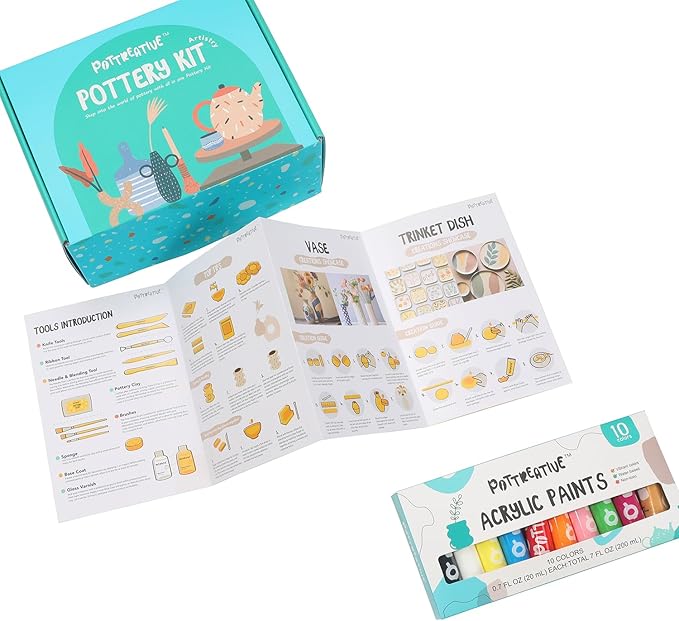 POTTREATIVE Air Dry Clay Pottery Kit - Home DIY Pottery Starter Kits with Air-Dry Clay，Sculpting Pottery Tools and Step-by-Step Guide - Great for Date Night, Arts Crafts Hobby