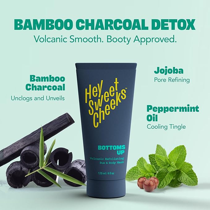 Charcoal Exfoliating Bum and Body Mask, Detoxifying Bamboo Charcoal and Volcanic Exfoliants for Radiant, Silky Smooth Skin, Bottoms Up by Hey Sweet Cheeks, 4 oz