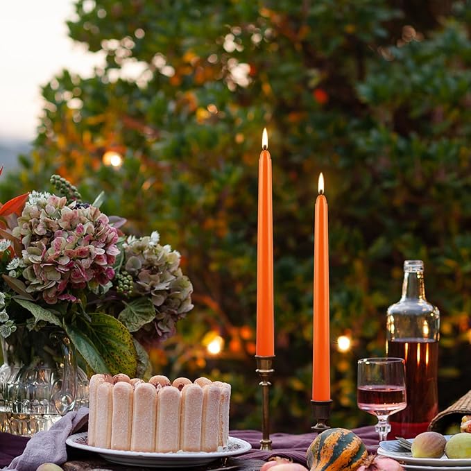 10 Inch Orange Slender Taper Candles Set - 12 Pcs Dripless, Smokeless with Cotton Wick, Ideal for Halloween,Thanksgiving,Dinner, Weddings & Home Decor.