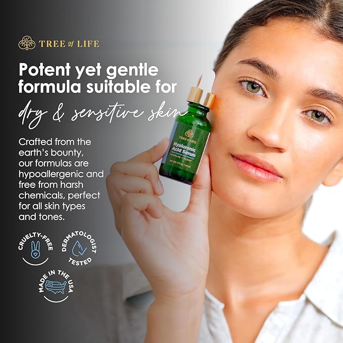 Tree of Life Beauty Hyaluronic Acid Serum, Skin Brightening Face Oil for Dark and Age Spots, Facial Serums for Dry and Sensitive Skin Care with Vitamin E for Soft Smooth Skin, 2 Fl Oz