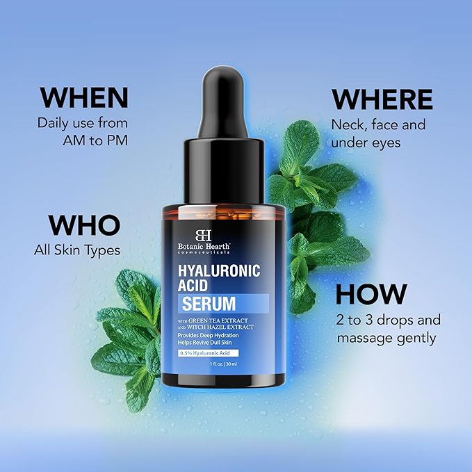 Botanic Hearth 0.5% Hyaluronic Acid Serum For Face With 2% Niacinamide, Witch Hazel & Green Tea Extracts | Hydrating & Moisturizing | Helps Reduce Wrinkles & Fine Lines | All Skin Types | 1Fl Oz