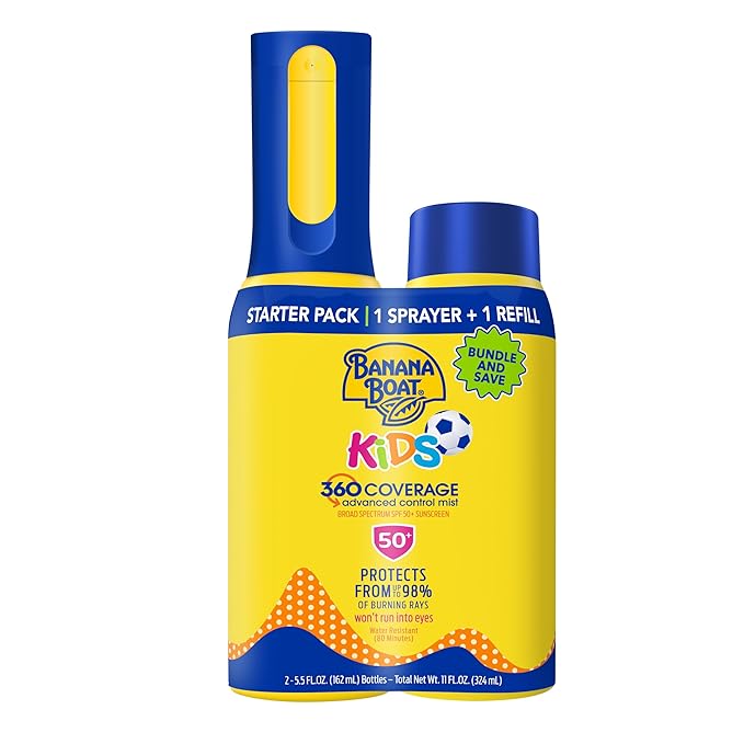 Banana Boat Kids 360 Coverage Sunscreen Mist SPF 50+ Bundle | Kids Sunscreen Spray with Refill, SPF 50 Sunscreen Spray Mist Bottle, Kids Spray Sunscreen, Non-Aerosol Sunscreen, 5.5oz ea Bundle Pack