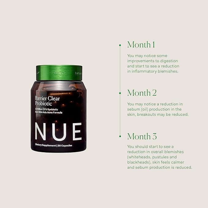 The Nue Co. Barrier Clear Probiotic, Gut-Skin Axis Acne Formula, for All Skin Types, 30 Capsules