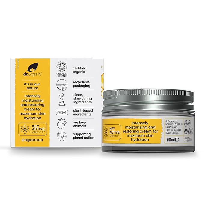 Dr. Organic Vitamin E Moisturising and Restoring Cream | Deeply Hydrates, Restores Skin’s Natural Balance, Natural, Certified Organic, Paraben & SLS-Free, 50 mL / 1.7 fl oz
