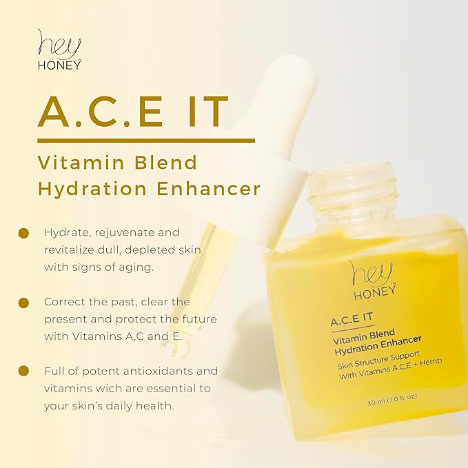 Hey Honey Skincare A.C.E. IT Blend Drops Vitamin A Vitamin C Vitamin E | Skin Treatment Dew Drops | Anti Aging Face Oil targets Wrinkles & Uneven Skin Texture, Visibly Brighten & Smooth | 1 Oz
