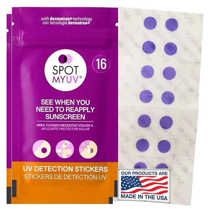 SpotMyUV UV Detection Stickers for Sunscreen with Patented Dermatrue SPF Sensing Technology, Know When to Reapply Sunscreen to Help Prevent Sunburn, 32 Count