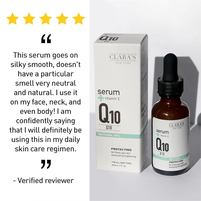 Clara’s New York Q10 Antioxidant Facial Serum with Hydrolyzed Collagen, Ceramide NP & Vitamin E – Anti-Aging, Hydrating, Skin Barrier Repair – 30ml / 1 Fl Oz – Made in USA